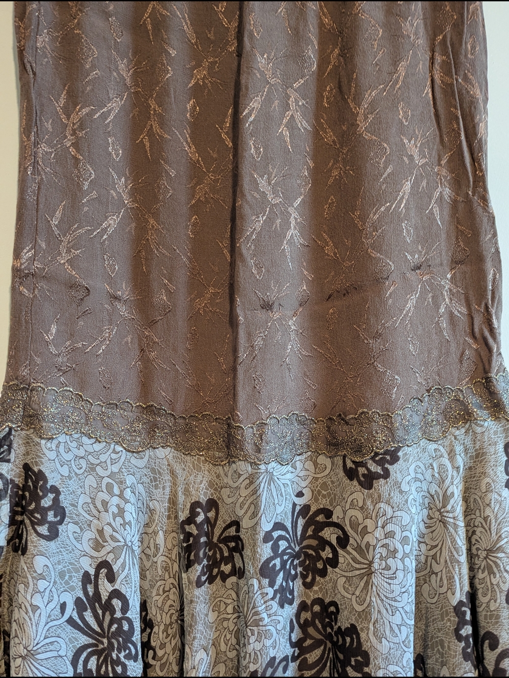 Violet Kay Vintage Fairy Chocolate Brown Floral Silk Lace Trim Midi Skirt L - Picture 6 of 6